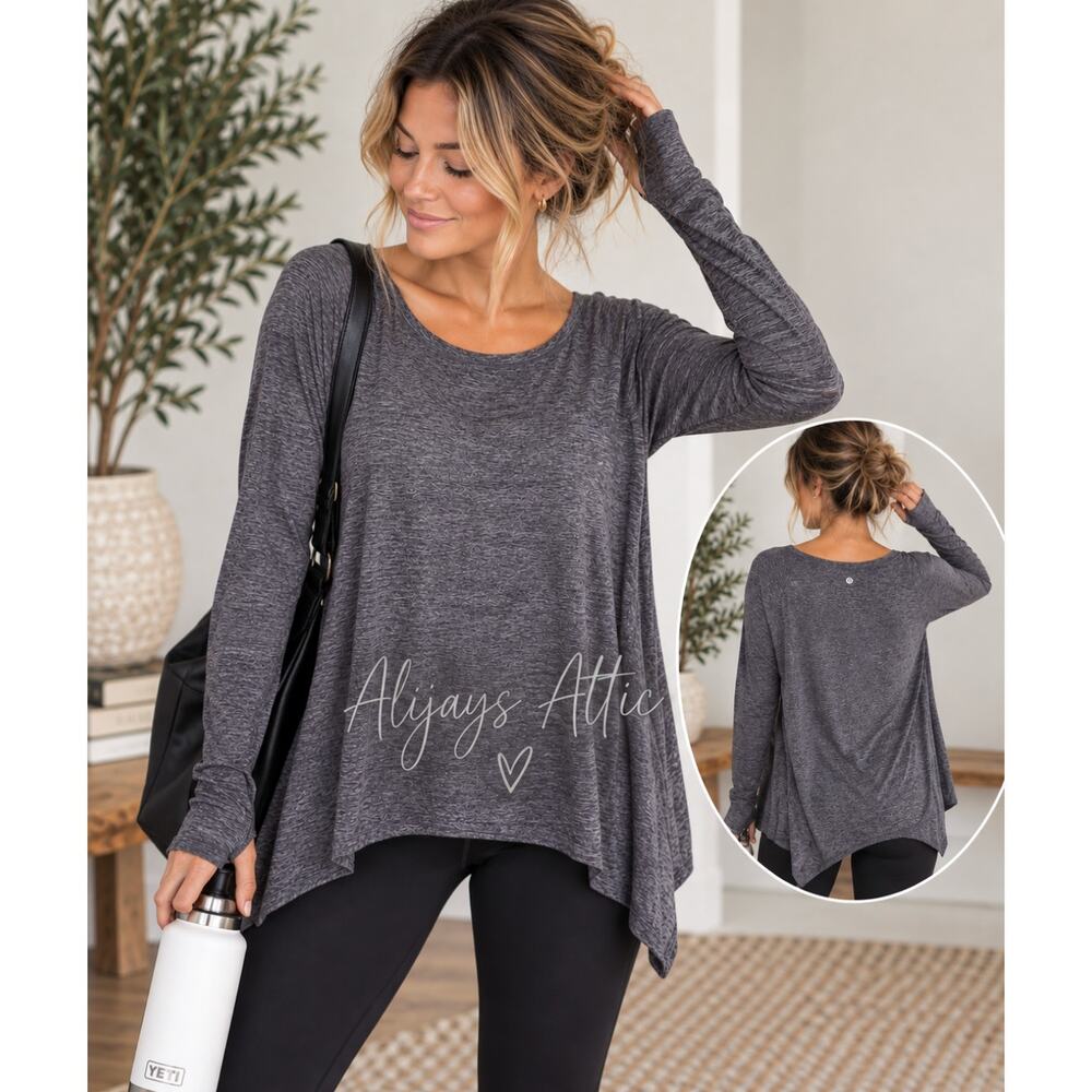 Lululemon Rehearsal Long Sleeve 10 Heathered Black Swan Rulu Sharkbite Hem